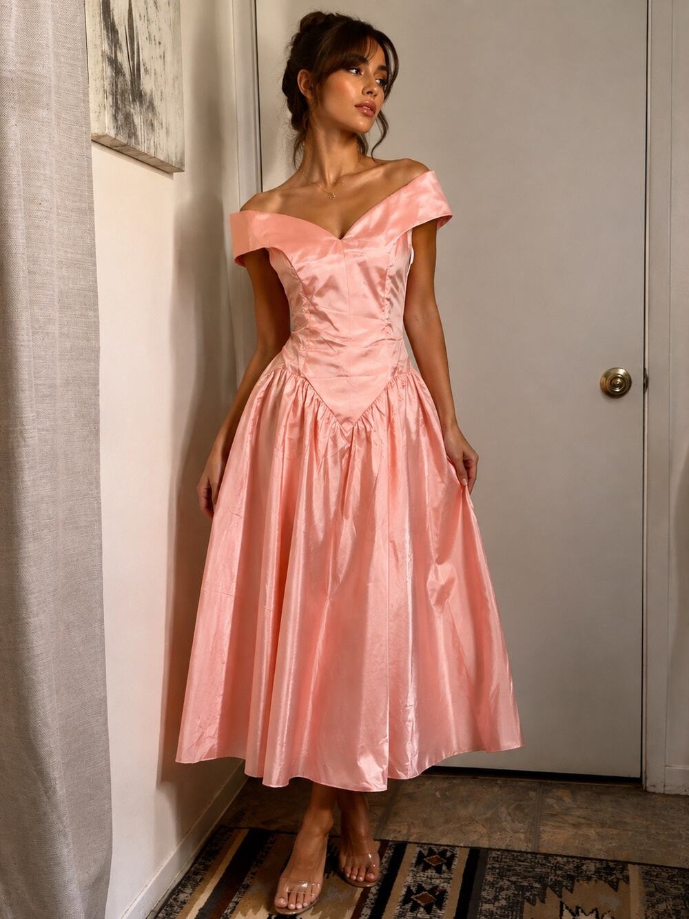 VTG 80s Peach Satin Prom Dress Off the Shoulder Dropped V Waist Midi Gown ILGWU